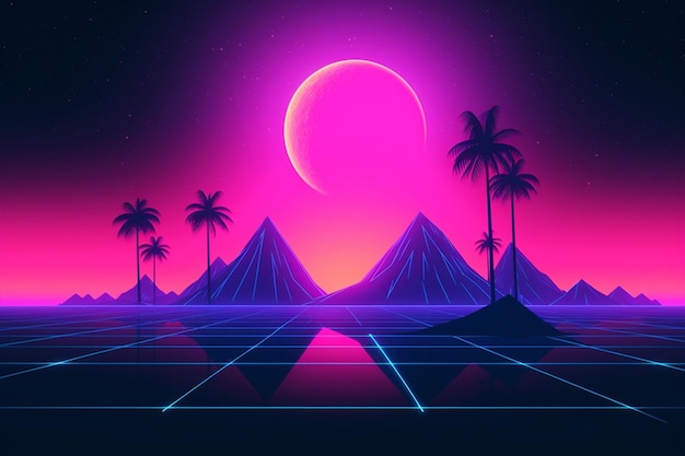 A retro 80s style neon landscape with palm trees and a neon sign that says retro.