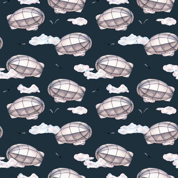 Retro aerostat vintage style watercolor seamless pattern isolated on dark