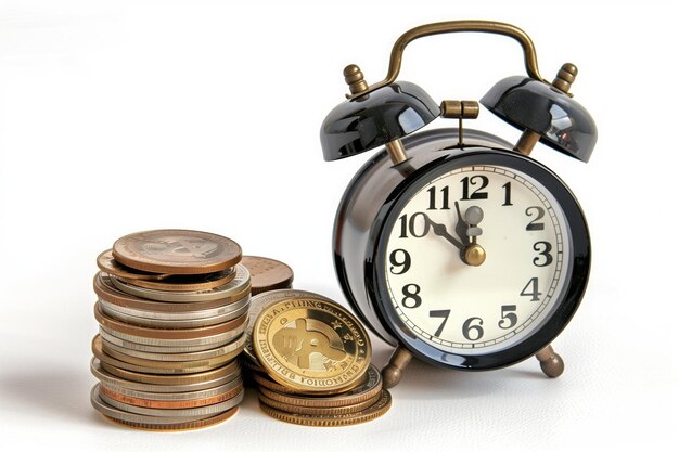 Retro alarm clock and coins stack Retirement planning money saving and Investment