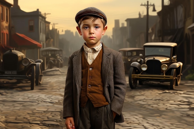 Retro American 1920 child boy Old american town Generate AI