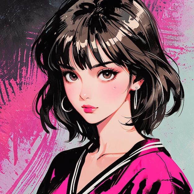 Retro anime girl with short hair 80s and 90s Japanese anime aesthetic