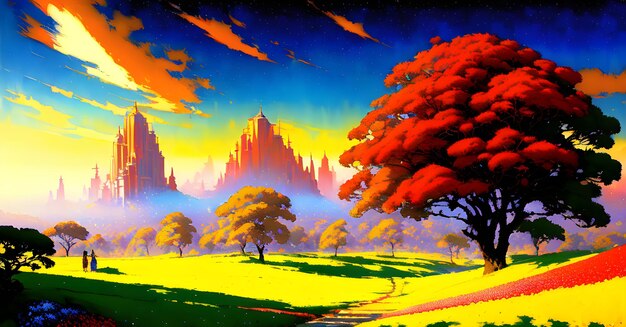 Retro Anime Landscape Digital Painting Wall art Generative AI