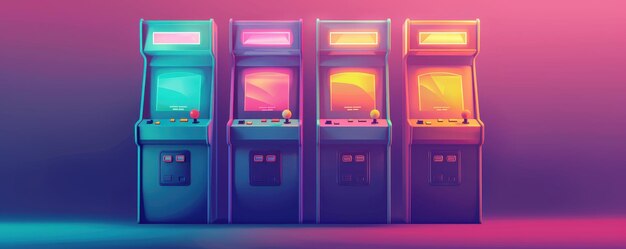 Photo retro arcade game machines in neon lighting evoking 80s nostalgia and vibrant colors blending the past with futuristic aesthetics