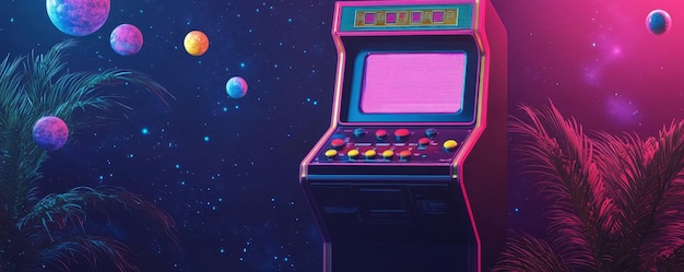 Photo retro arcade machine in a neonlit space scene with planets and palm leaves evoking a nostalgic 80s v