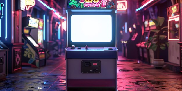 Photo retro arcade machines in neonlit room