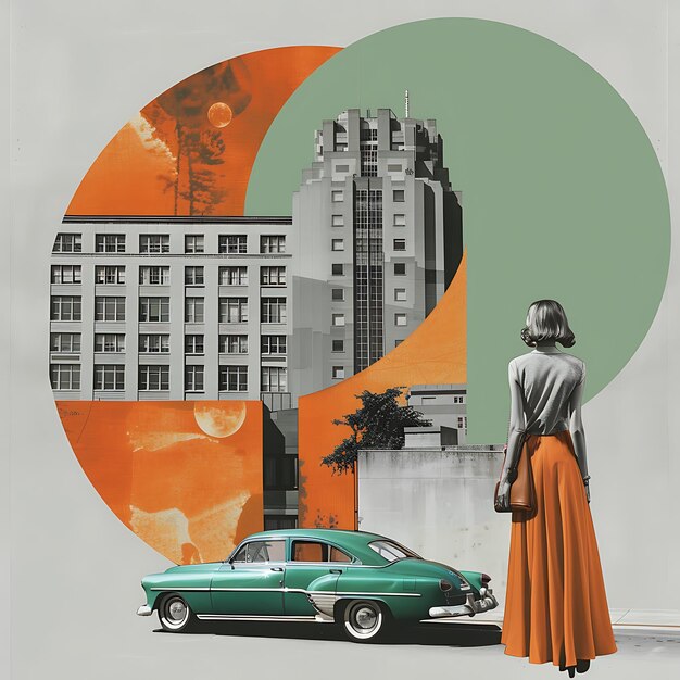 Photo retro art collage with vintage car and urban architecture