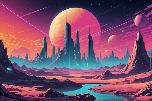 Retro background futuristic landscape s style