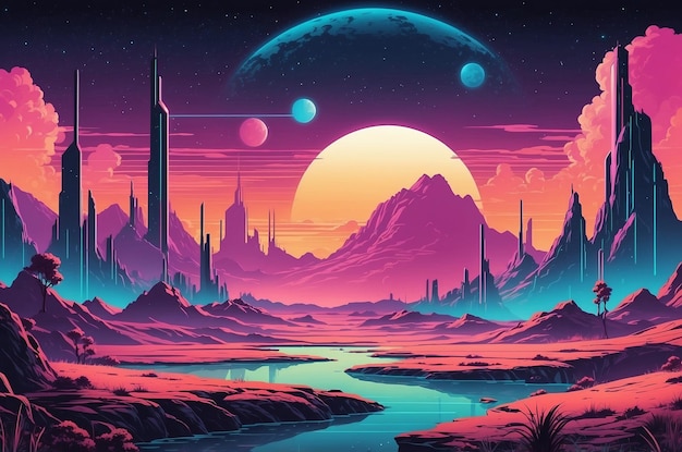 Retro background futuristic landscape s style