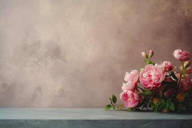 Retro background minimalistic podium with small peonies On the sides Old shabby Wall copy space ar 32 stylize 50 Job ID b013d066bfff4fb1a39d962214af7dab