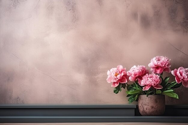 Retro background minimalistic podium with small peonies On the sides Old shabby Wall copy space ar 32 stylize 50 Job ID fd5398a25f274c6d91b25f08f745d630