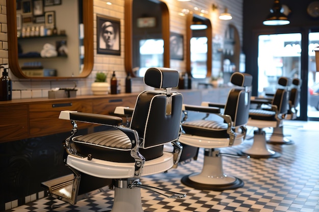 Retro barbershop chairs checkered floor warm lighting