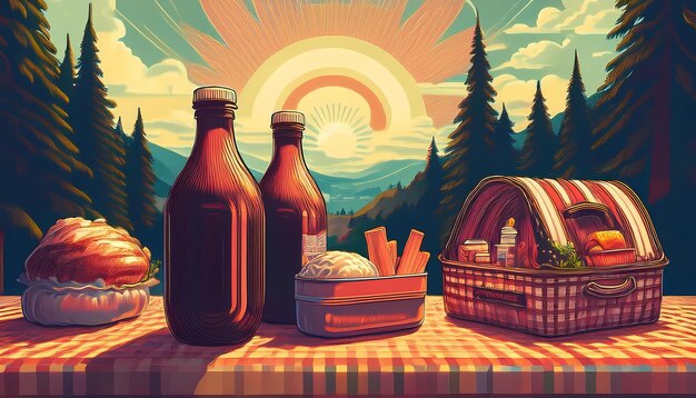 Photo retro bbq picnic poster flyer design with a 1950s picnic scene complete with a checkered tablecloth graphic art illustration