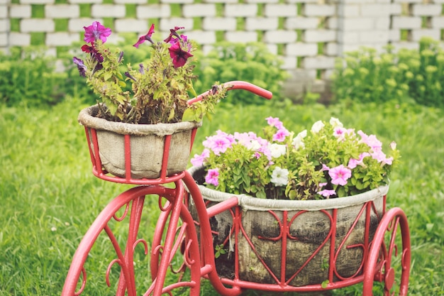 Retro bike with flowers decor in the garden