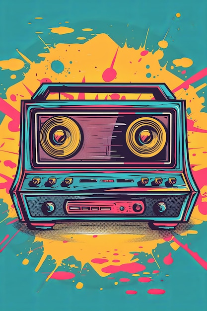 Retro Boombox with Colorful Splatter Background