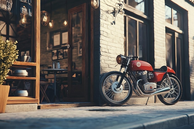 A retro cafe racer bike parked outside a trendy c