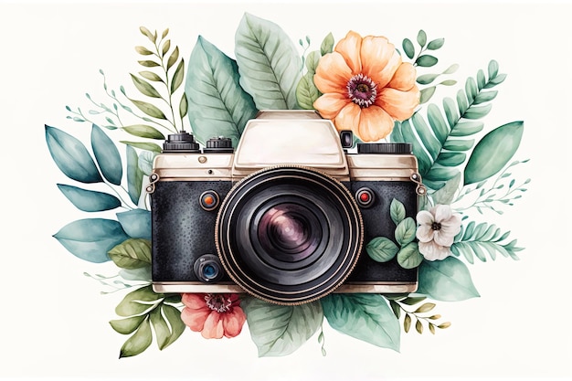 Retro camera in flowers and plants Hand drawn photo camera