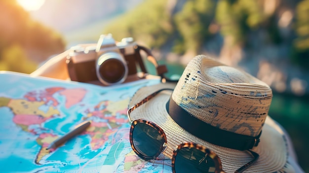 Photo retro camera straw hat and sunglasses on the world map travel concept