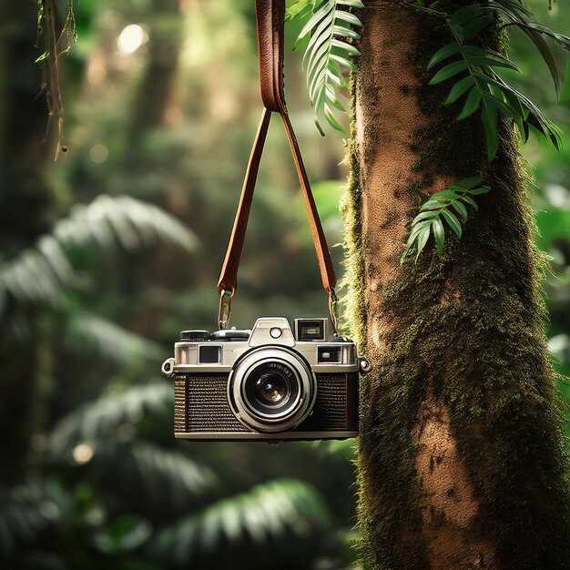 Photo retro camera in tropical jungle setting