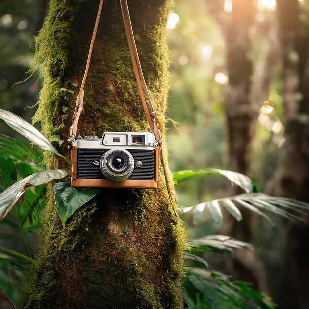 Photo retro camera in tropical jungle setting