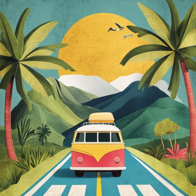 Photo a retro camper van drives towards a sunset over mountains and palm trees