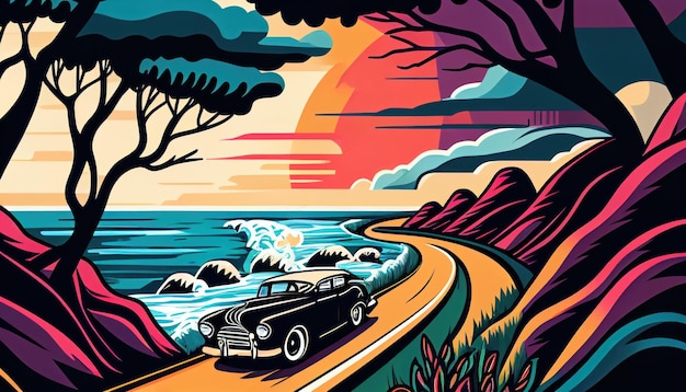 Retro car driving along the ocean in bold colors and strong lines