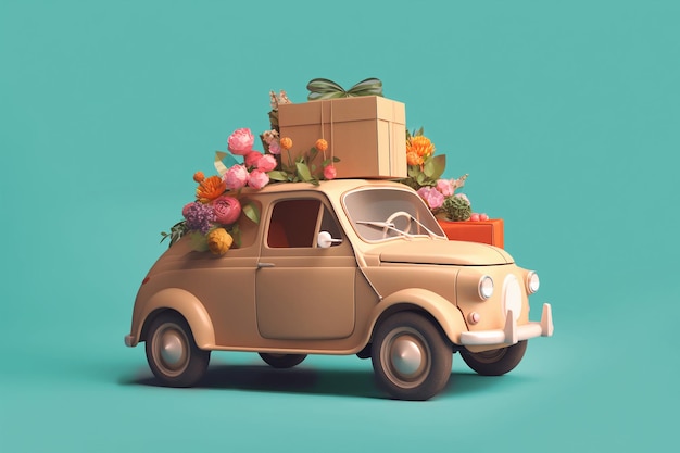 Retro car with cardboard mailboxes and flowers on blue background generative ai