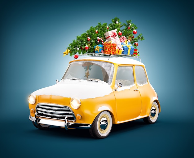 Retro car with gift boxes and christmas tree. Unusual christmas illustration