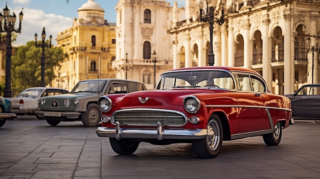 Retro cars on the streets of the town city