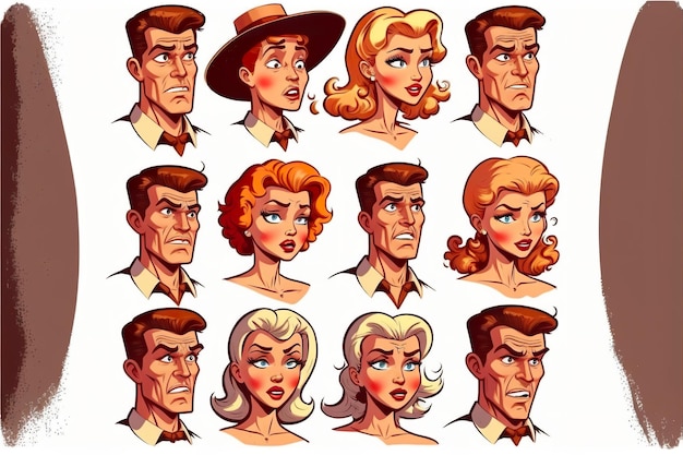 Retro cartoon and comics characters faces