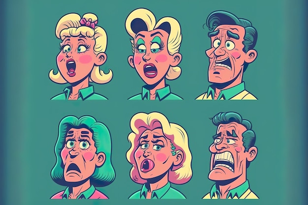 Retro cartoon and comics characters faces