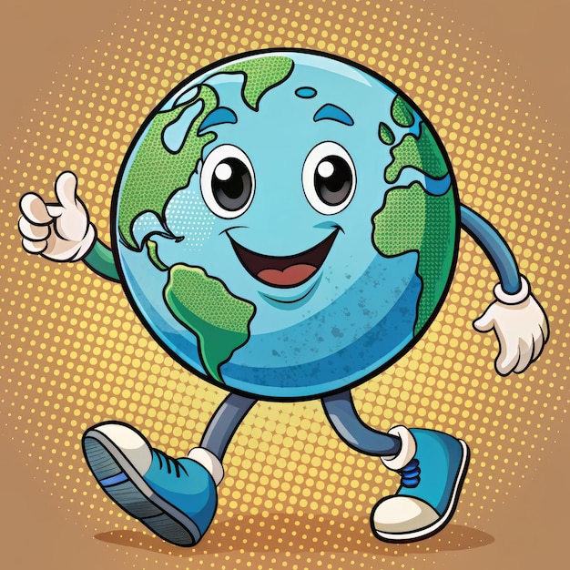 Retro cartoon Earth character walking and smiling against a vintage background Generative AI