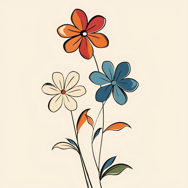 Retro Cartoon Style Flowers with Stems