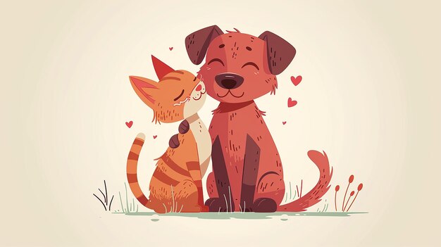 Retro Cartoon Vector Dog Cuddling a Cat Friendship Day