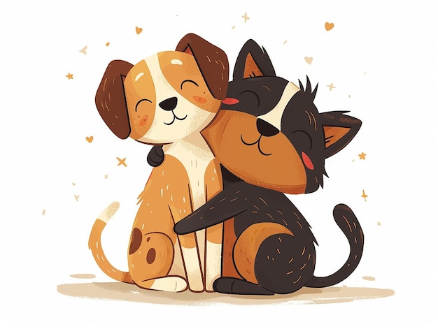 Retro Cartoon Vector Dog Cuddling a Cat Friendship Day