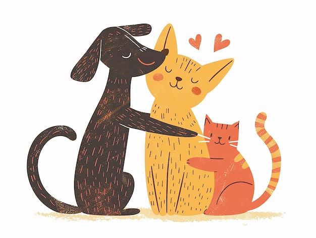 Retro Cartoon Vector Dog Cuddling a Cat Friendship Day