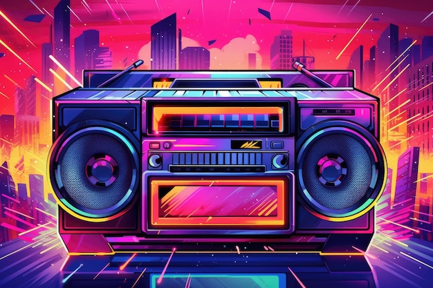 A retro cassette player with neon colors on the bottom