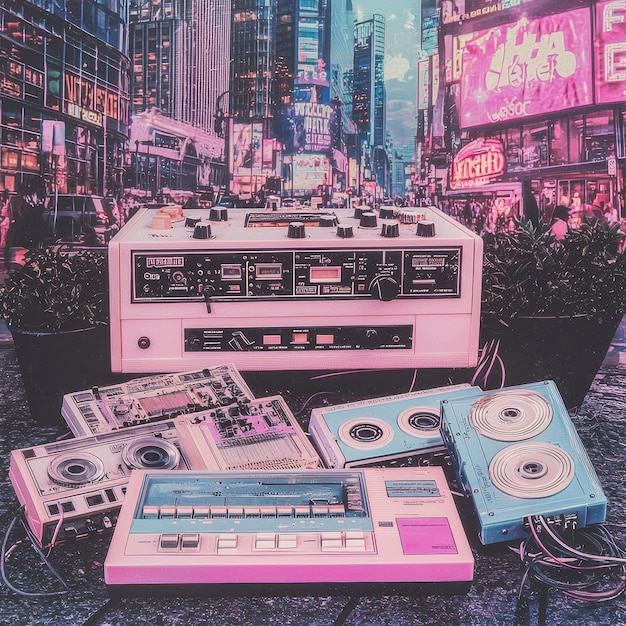 Photo retro cassette recorders in urban cityscape