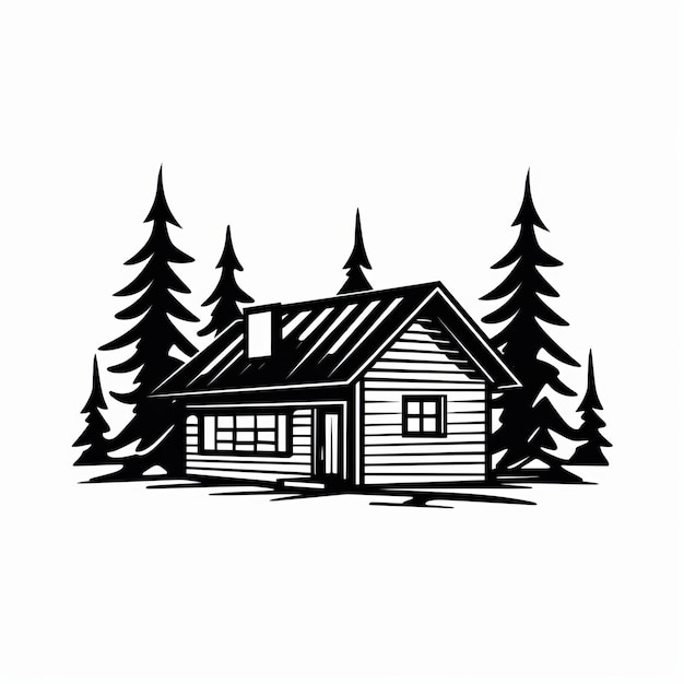 Retro Charm Simple Black And White Cabin Graphic