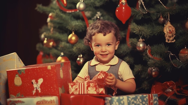 retro christmas kids and gifts at the christmas tree