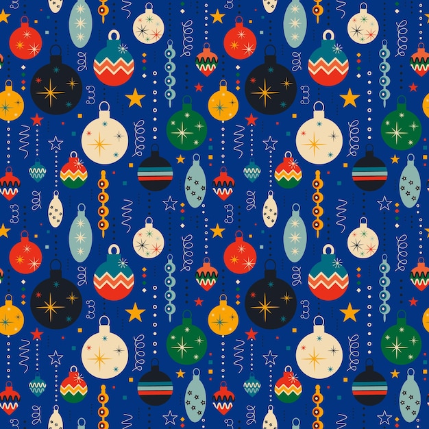 Retro Christmas pattern with tree toys Christmas seamless background