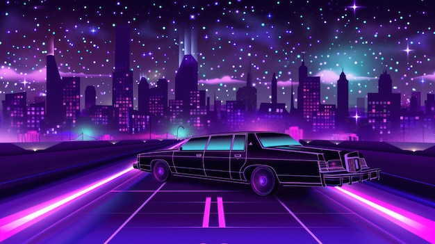 Retro Cityscape with Neon Lights and a Black Car