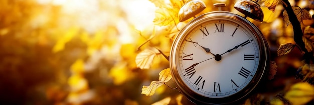 Photo retro clock surrounded by autumn leaves against the background of the sky free space for text clock and yellow foliage daylight saving time winter time changeover