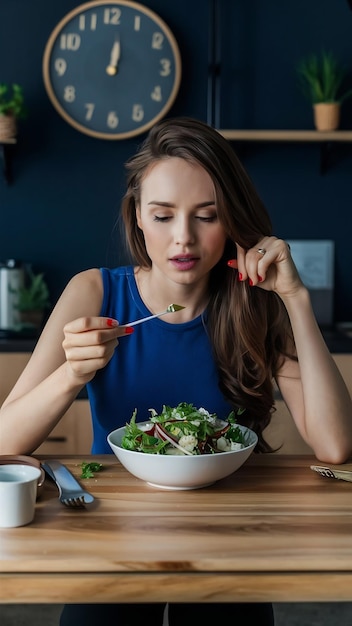 Photo retro clock in which woman make intermittent fasting with a healthy food of salad