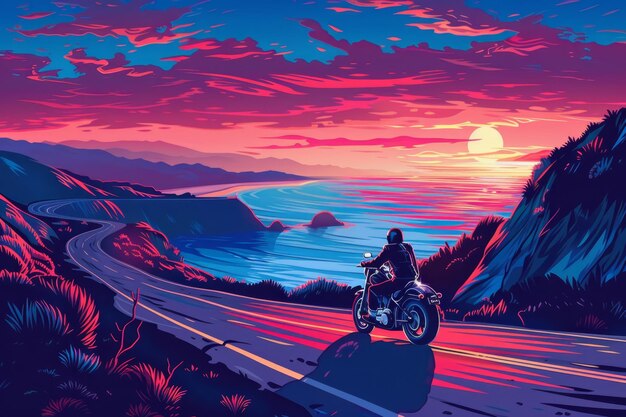 Retro Coastal Motorcycle Ride Vector Illustration with Dramatic Sunset Scenery