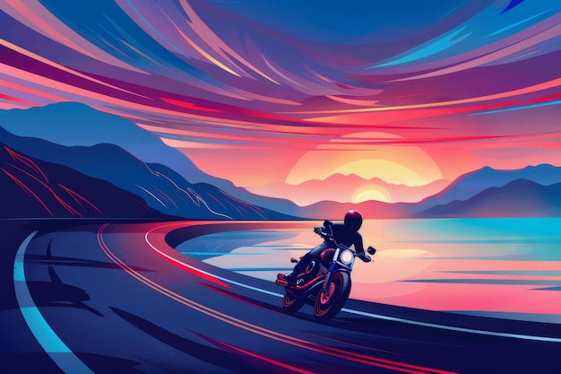 Retro Coastal Motorcycle Ride Vector Illustration with Dramatic Sunset Scenery