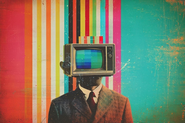 Retro collage of a man with television on his head electronics accessories photography