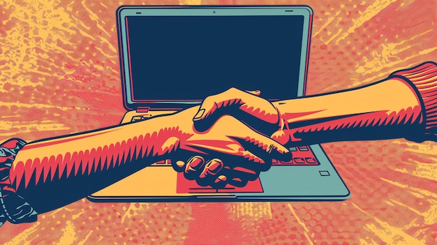 Photo retro collage style handshake with halftone effect and a hand emerging from a laptop for online deals