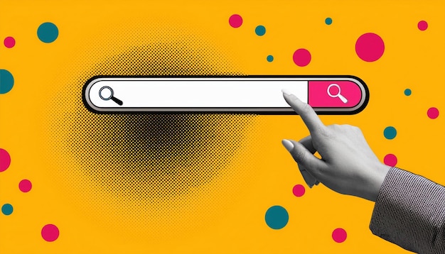 Retro Collage Style Search Bar with Halftone Hand Illustration