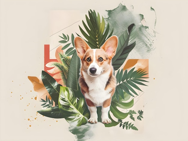 retro collage with green plants and a corgi dog