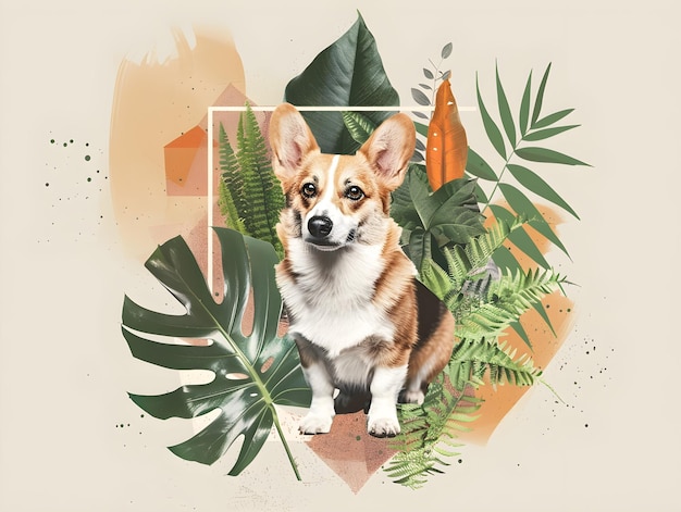 retro collage with green plants and a corgi dog